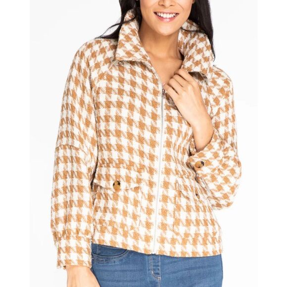 NWT Multiples Camel Houndstooth Zip Up Jacket 1X - Picture 2 of 14